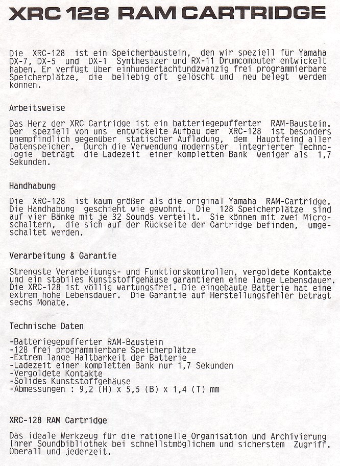 XRC 128 RAM Cartridge for DX Synthesizer by www.deep!sonic.ch 22.04.2007